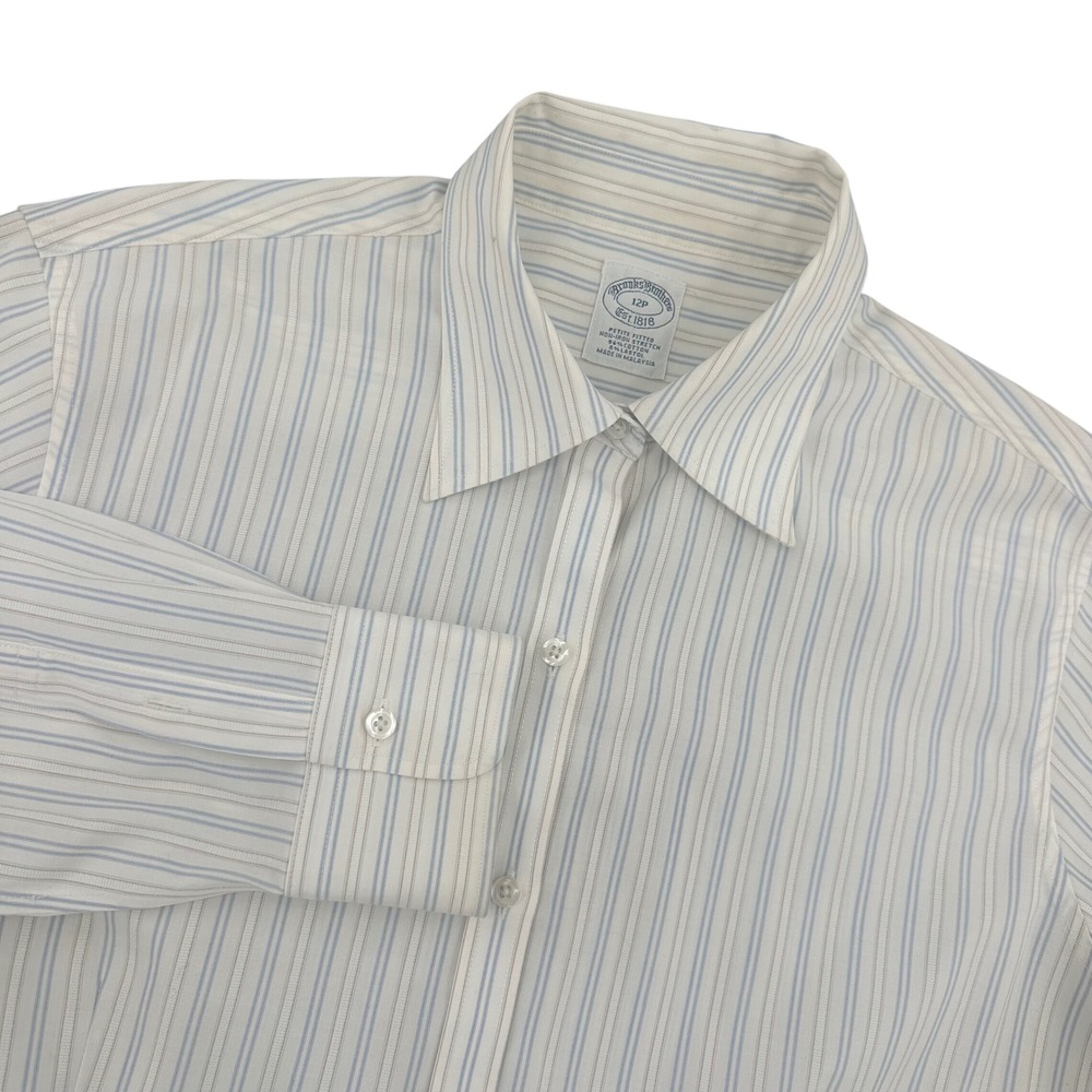 Brooks Brothers Petite Fitted Non-Iron Stretch Striped Shirt‎ White Blue Tan 12P